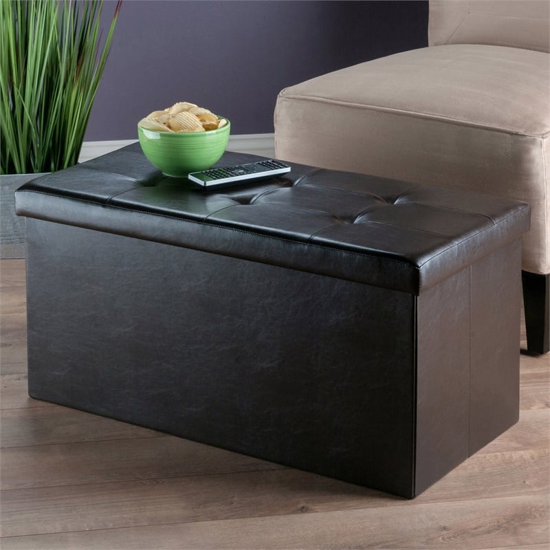 Pemberly Row Transitional Faux Leather Storage Ottoman Bench in Espresso