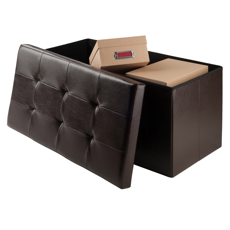 Pemberly Row Transitional Faux Leather Storage Ottoman Bench in Espresso