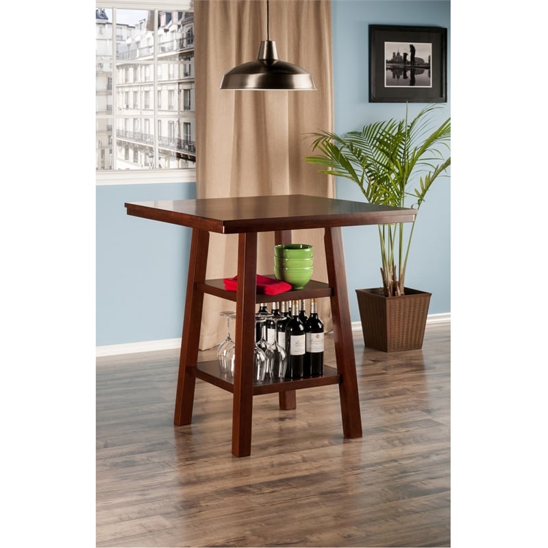 Pemberly Row Transitional Solid Wood Dining Table with 2 Shelf in Walnut