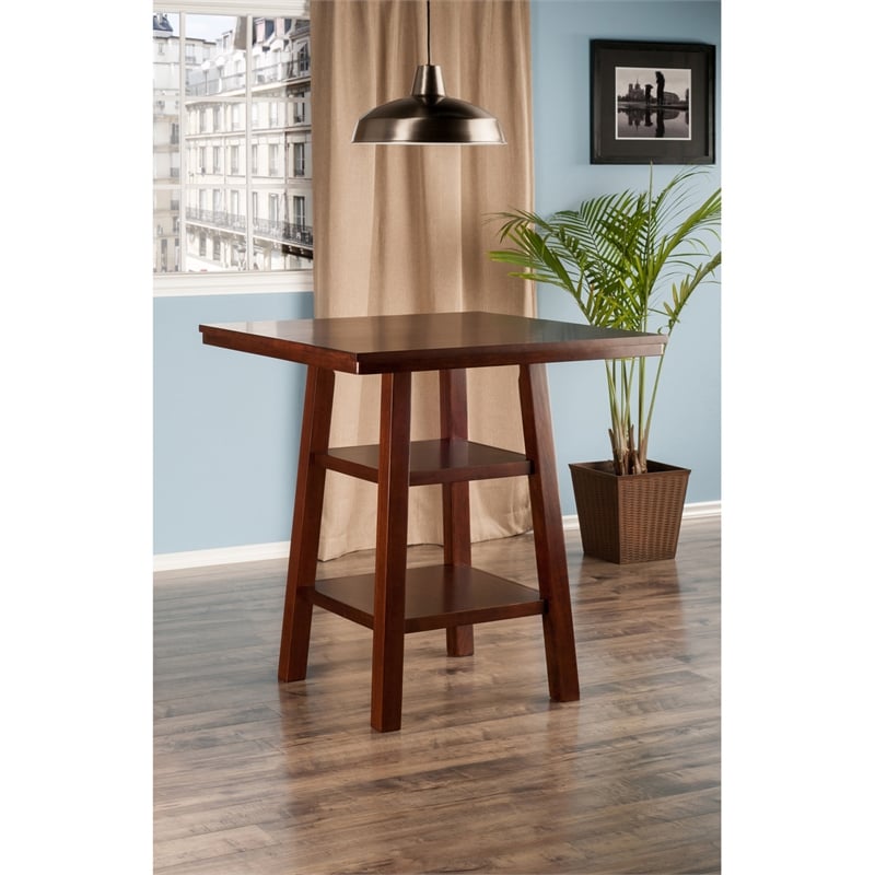 Pemberly Row Transitional Solid Wood Dining Table with 2 Shelf in Walnut