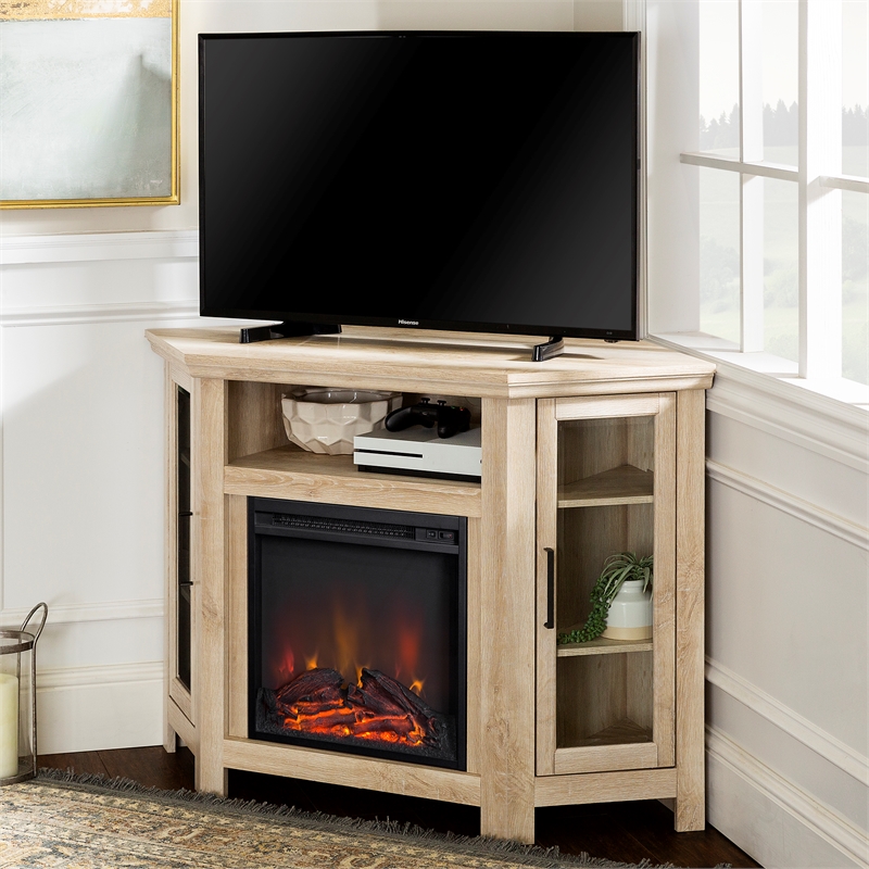 Pemberly Row 48 inch Wood Corner Fireplace Media TV Stand in White Oak