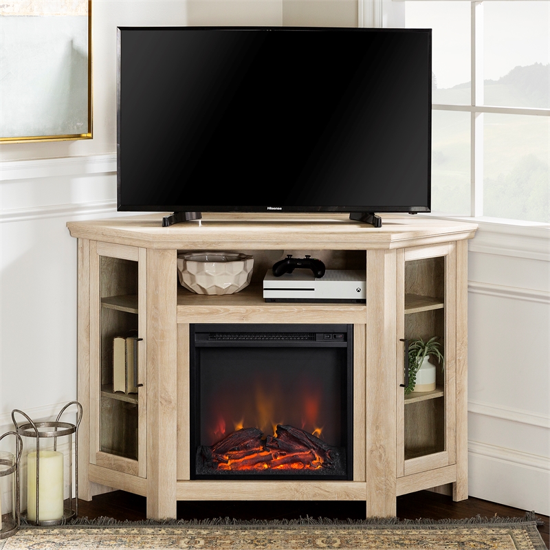 Pemberly Row 48 inch Wood Corner Fireplace Media TV Stand in White Oak