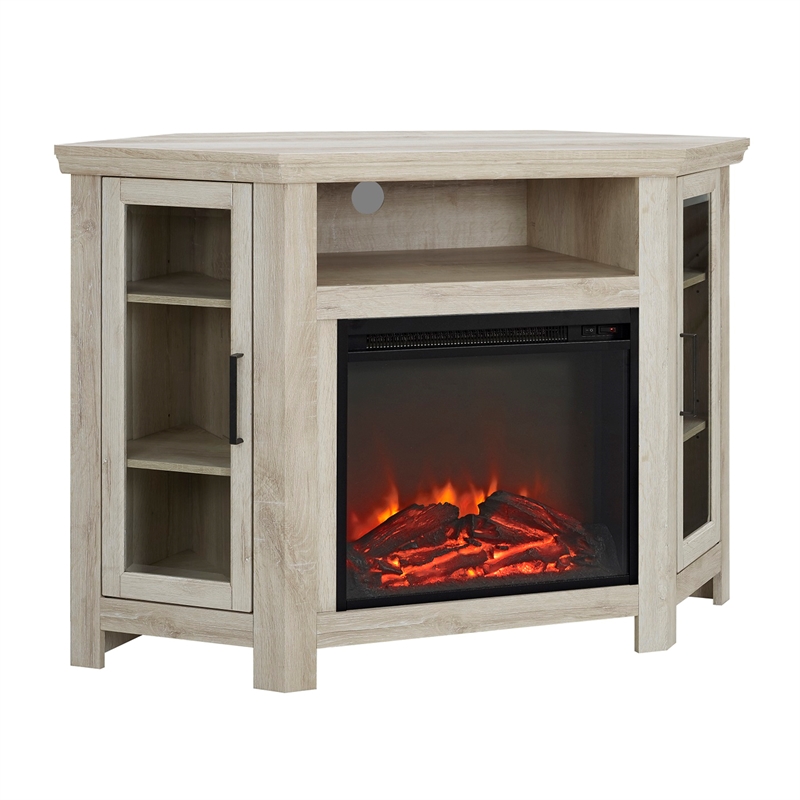 Pemberly Row 48 inch Wood Corner Fireplace Media TV Stand in White Oak