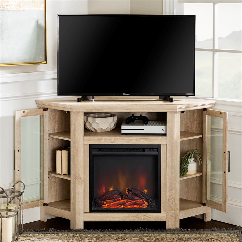 Pemberly Row 48 inch Wood Corner Fireplace Media TV Stand in White Oak