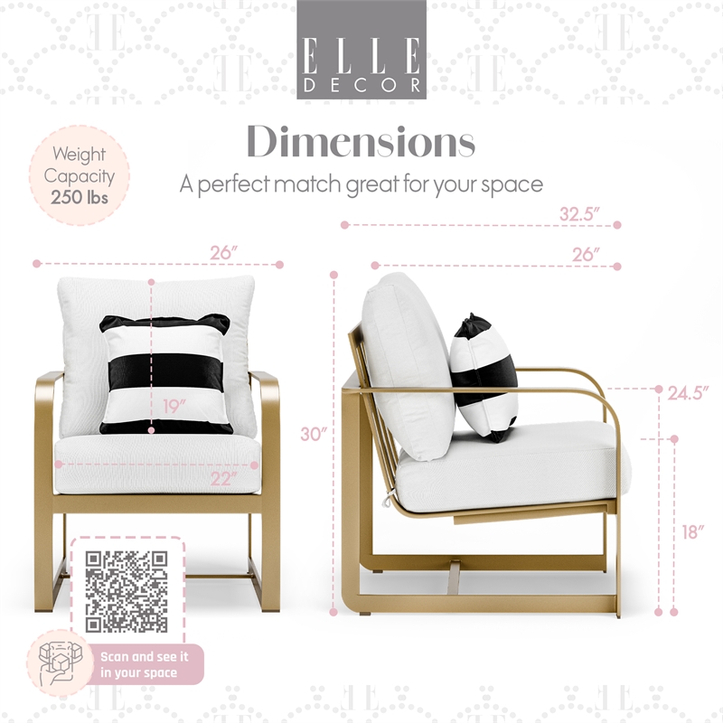 Pemberly Row Modern Outdoor Arm Chair in White and French Gold