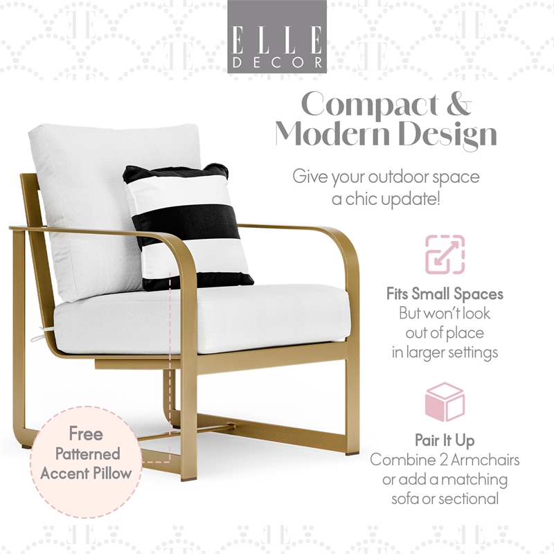 Pemberly Row Modern Outdoor Arm Chair in White and French Gold