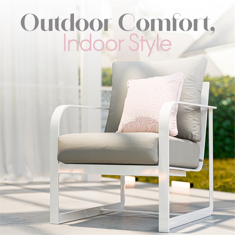 Pemberly Row Modern Outdoor Arm Chair in White and French Gold