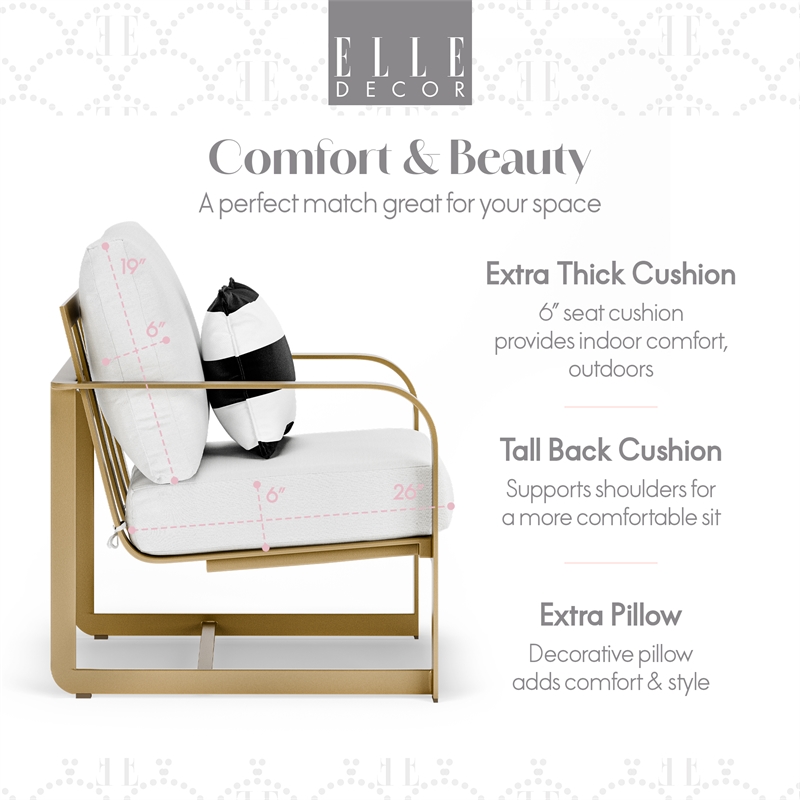 Pemberly Row Modern Outdoor Arm Chair in White and French Gold