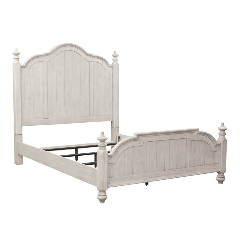 Pemberly Row Farmhouse Cottage Wood Queen Poster Bed in White
