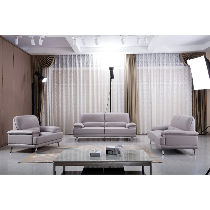 Pemberly Row Contemporary Top Grain Leather Sofa in Gray Finish