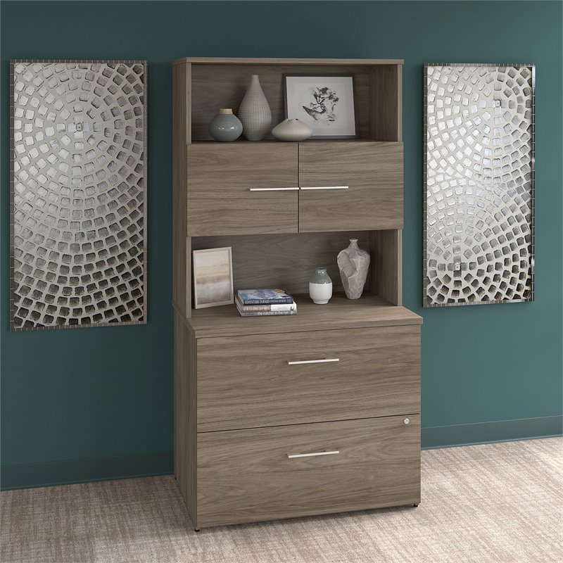 Pemberly Row Lateral File Cabinet with Hutch in Modern Hickory - Engineered Wood