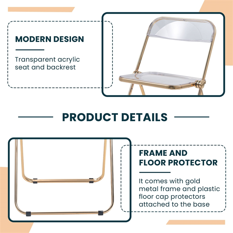 Pemberly Row Acrylic Folding Chair With Gold Metal Frame in Clear