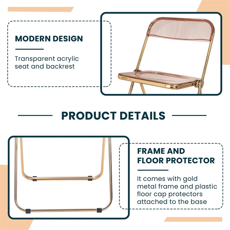 Pemberly Row Acrylic Folding Chair Gold Metal Frame Set of 4 in Rose Pink