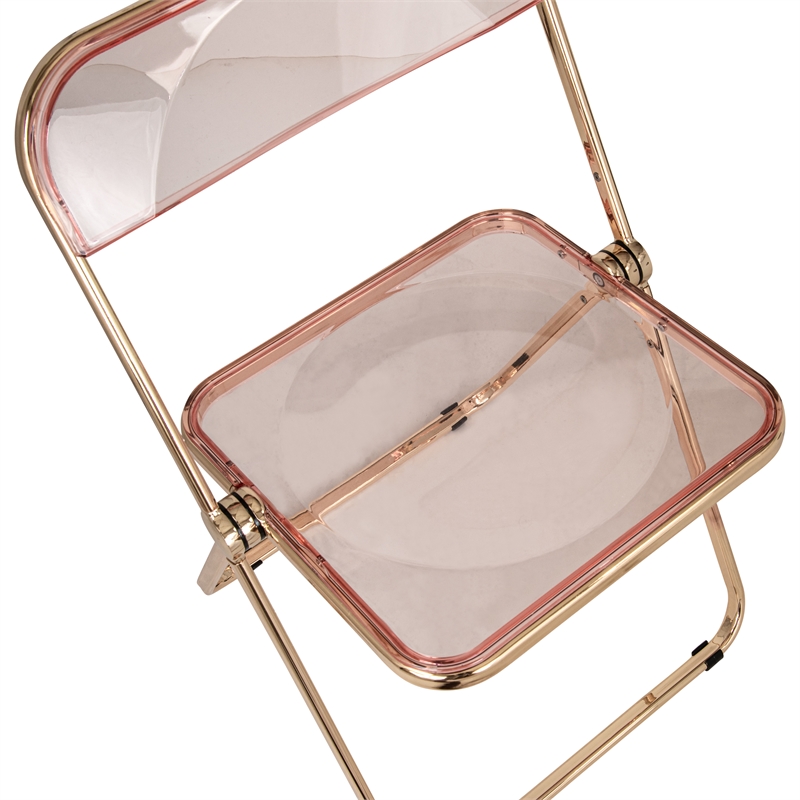 Pemberly Row Acrylic Folding Chair Gold Metal Frame Set of 4 in Rose Pink