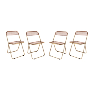 Pemberly Row Acrylic Folding Chair Gold Metal Frame Set of 4 in Rose Pink