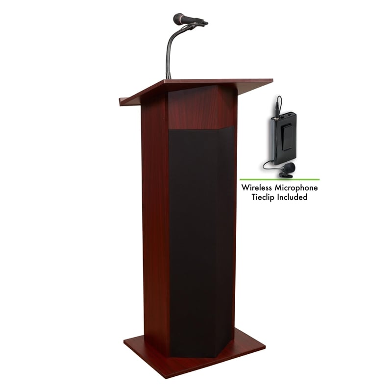 Pemberly Row Power Plus Lectern with Tie Clip/Lavalier Mic in Mahogany