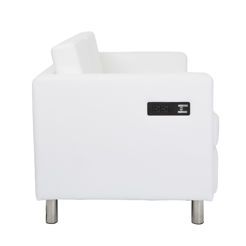 Pemberly Row Loveseat w/ Dual Charging Station in Dillon Snow White Faux Leather