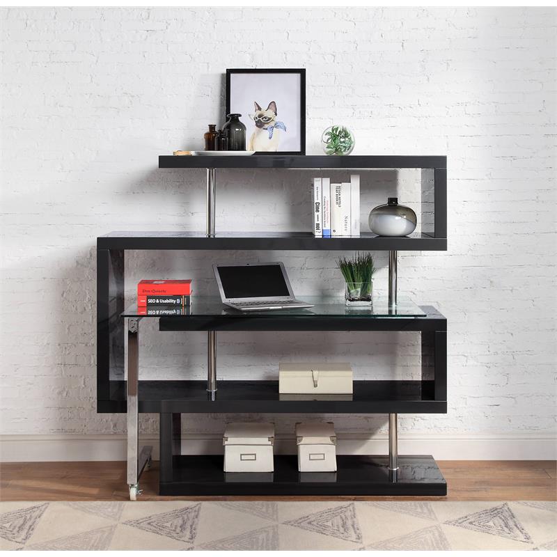 Pemberly Row Glass Top Writing Desk in Chrome and Black High Gloss