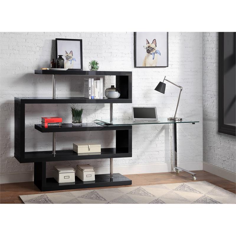 Pemberly Row Glass Top Writing Desk in Chrome and Black High Gloss