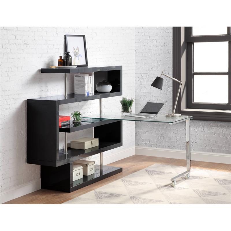 Pemberly Row Glass Top Writing Desk in Chrome and Black High Gloss