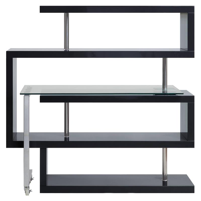 Pemberly Row Glass Top Writing Desk in Chrome and Black High Gloss