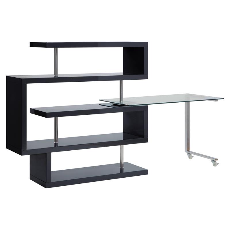 Pemberly Row Glass Top Writing Desk in Chrome and Black High Gloss