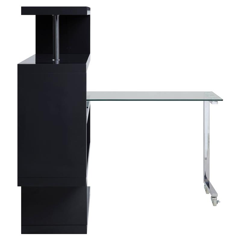 Pemberly Row Glass Top Writing Desk in Chrome and Black High Gloss