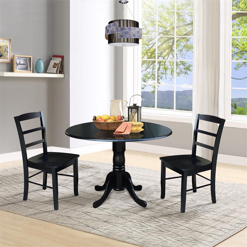 Pemberly Row 3Pc Dining Set- Dual Drop Leaf Table w/ 2 Ladder Back Chairs- Black