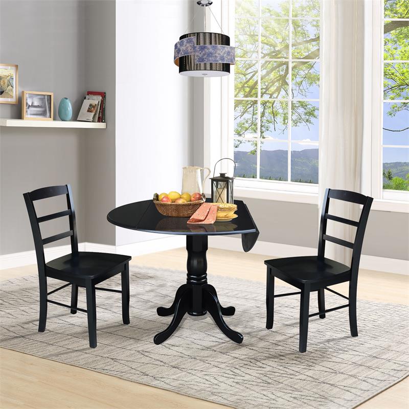Pemberly Row 3Pc Dining Set- Dual Drop Leaf Table w/ 2 Ladder Back Chairs- Black