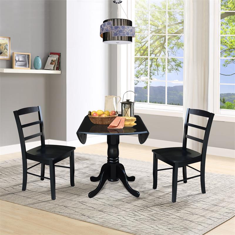 Pemberly Row 3Pc Dining Set- Dual Drop Leaf Table w/ 2 Ladder Back Chairs- Black