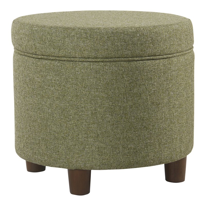 Pemberly Row Round Transitional Wood and Fabric Storage Ottoman in Green Tweed