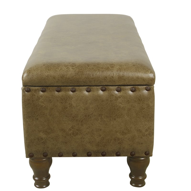 Pemberly Row Faux Leather Large Storage Bench with Nailhead Trim in Brown