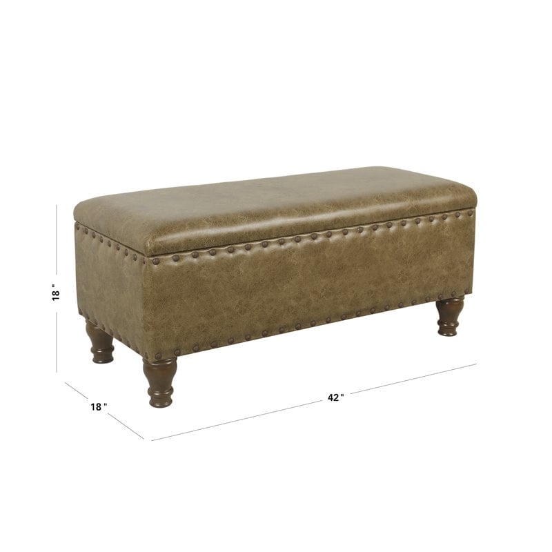 Pemberly Row Faux Leather Large Storage Bench with Nailhead Trim in Brown