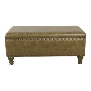 Pemberly Row Faux Leather Large Storage Bench with Nailhead Trim in Brown