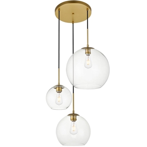 Pemberly Row Modern 3-Light Metal Pendant in Brass & Clear Finish