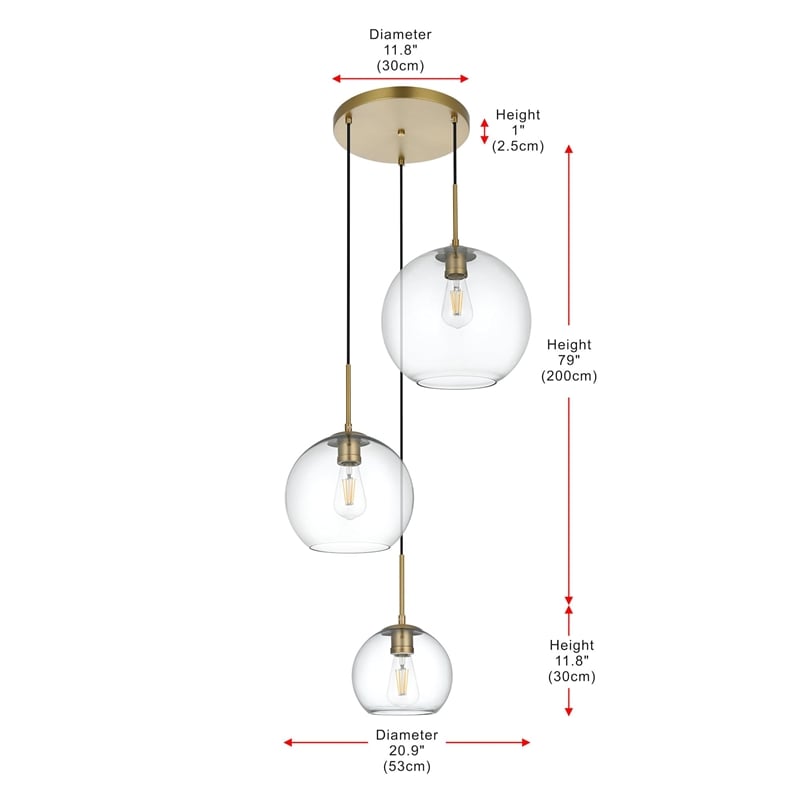 Pemberly Row Modern 3-Light Metal Pendant in Brass & Clear Finish
