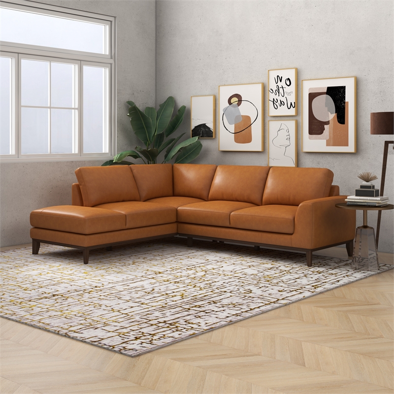 Pemberly Row Tight Back Leather Left-Facing Upholstered Sectional in Tan
