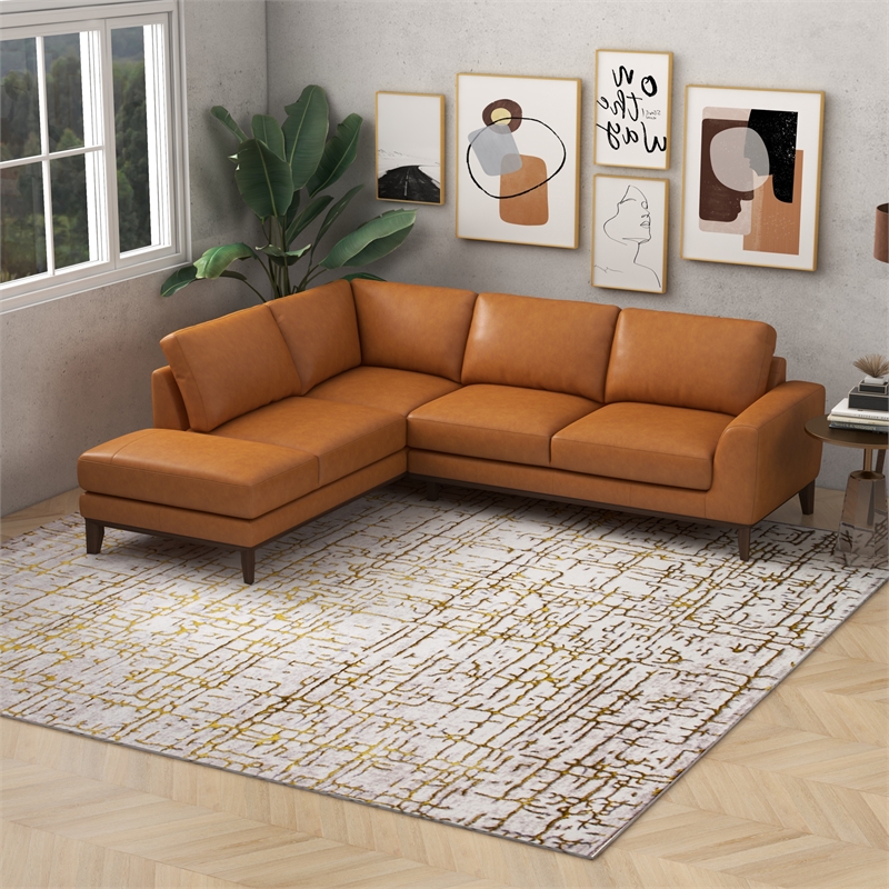 Pemberly Row Tight Back Leather Left-Facing Upholstered Sectional in Tan