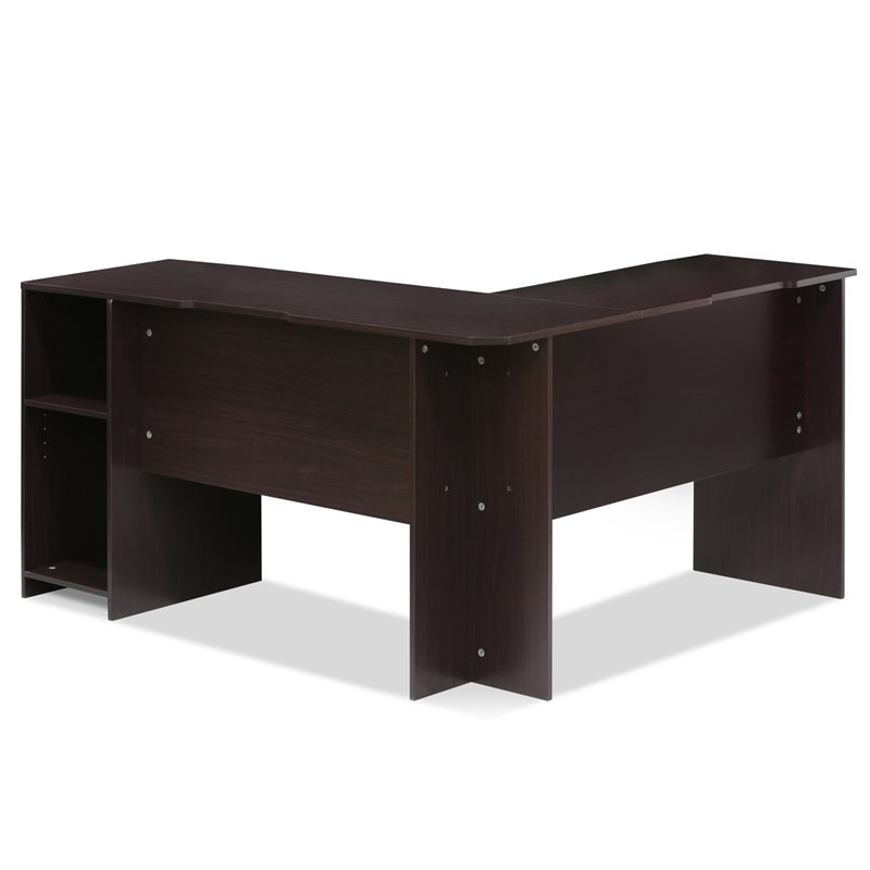 Pemberly Row Engineered Wood L-Shaped Desk with Bookshelves in Espresso