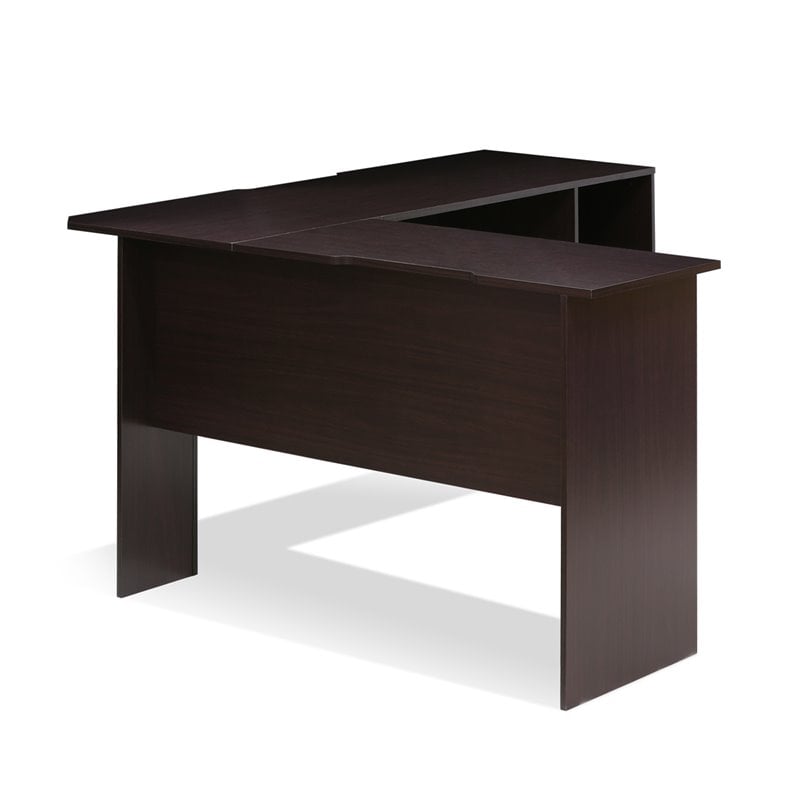Pemberly Row Engineered Wood L-Shaped Desk with Bookshelves in Espresso