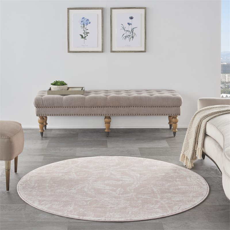 Pemberly Row Contemporary 5' Round Pink Fabric Farmhouse Area Rug