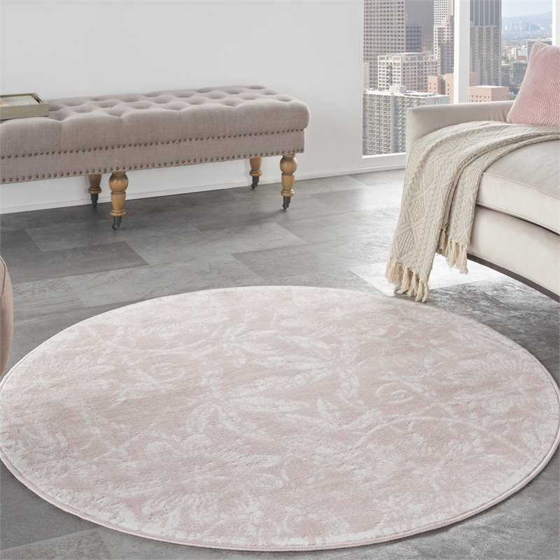 Pemberly Row Contemporary 5' Round Pink Fabric Farmhouse Area Rug