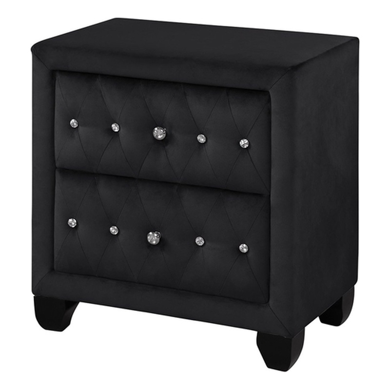 Pemberley Row Velvet Upholstery Black Nightstand Crystal Tufted Surface Solid Wood MDF Modern Style 47lb Assembled