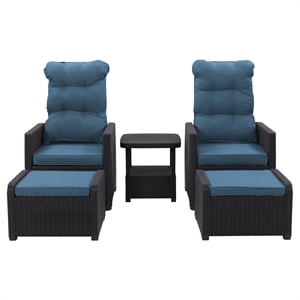 pemberly row wicker / rattan patio recliner and ottoman set in blue 5pc