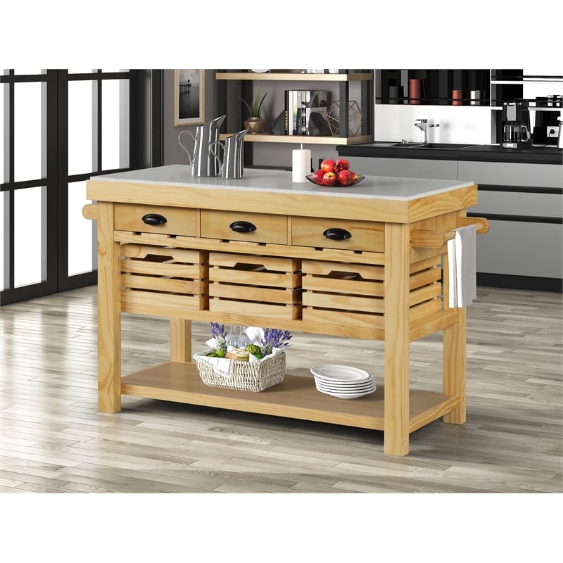 Pemberly Row Modern Kitchen Island in Marble & Natural Finish