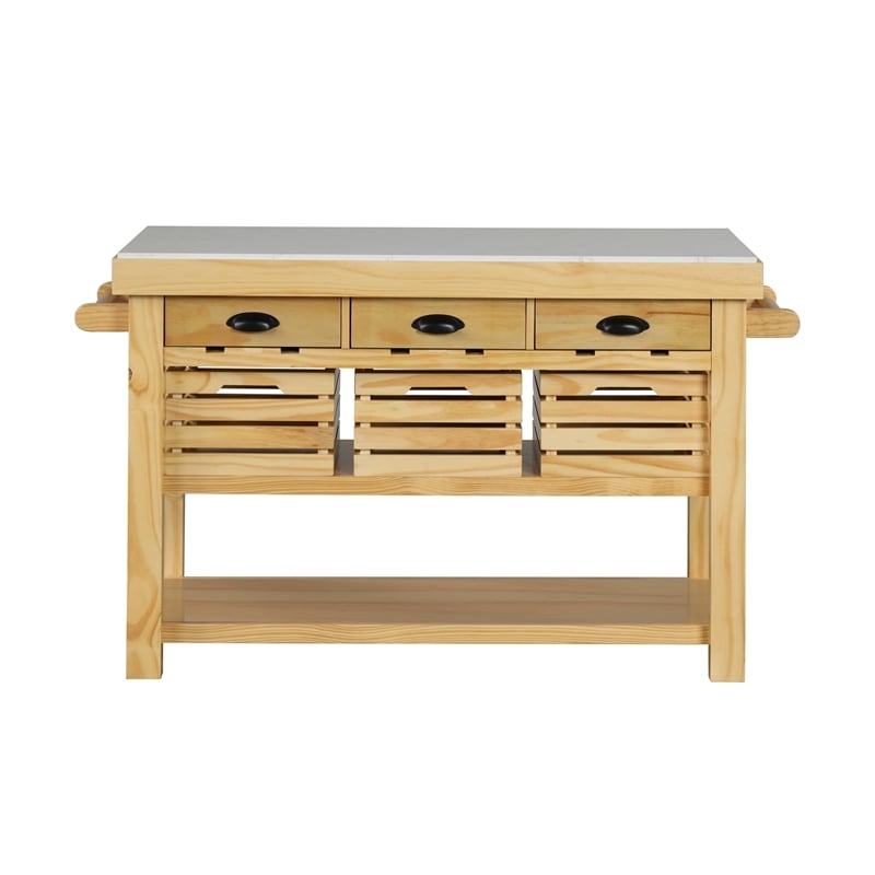 Pemberly Row Modern Kitchen Island in Marble & Natural Finish
