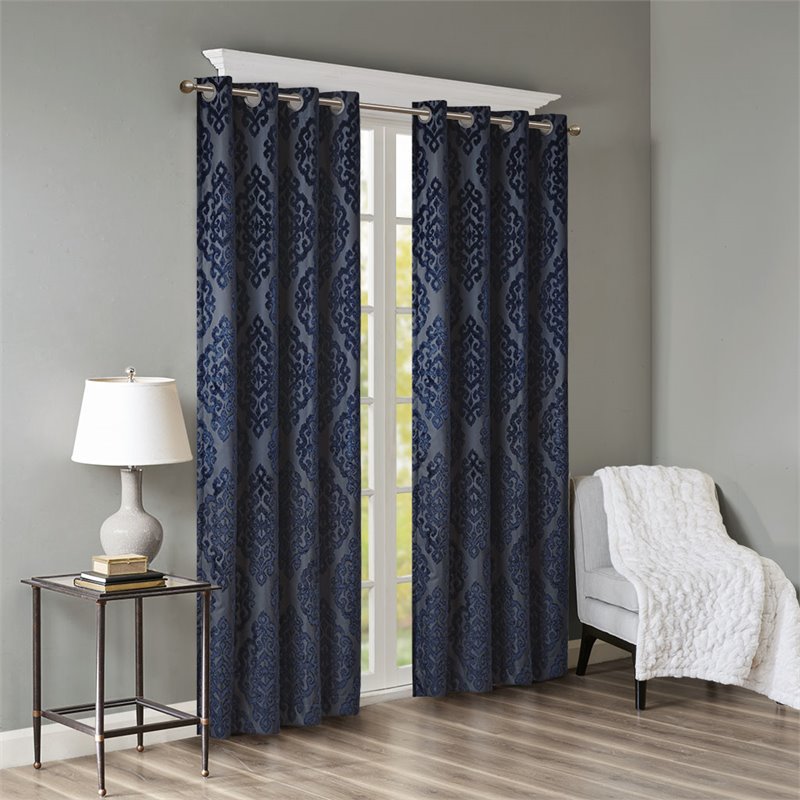 Pemberly Row Fabric Knitted Jacquard Total Blackout Window Panel in Navy