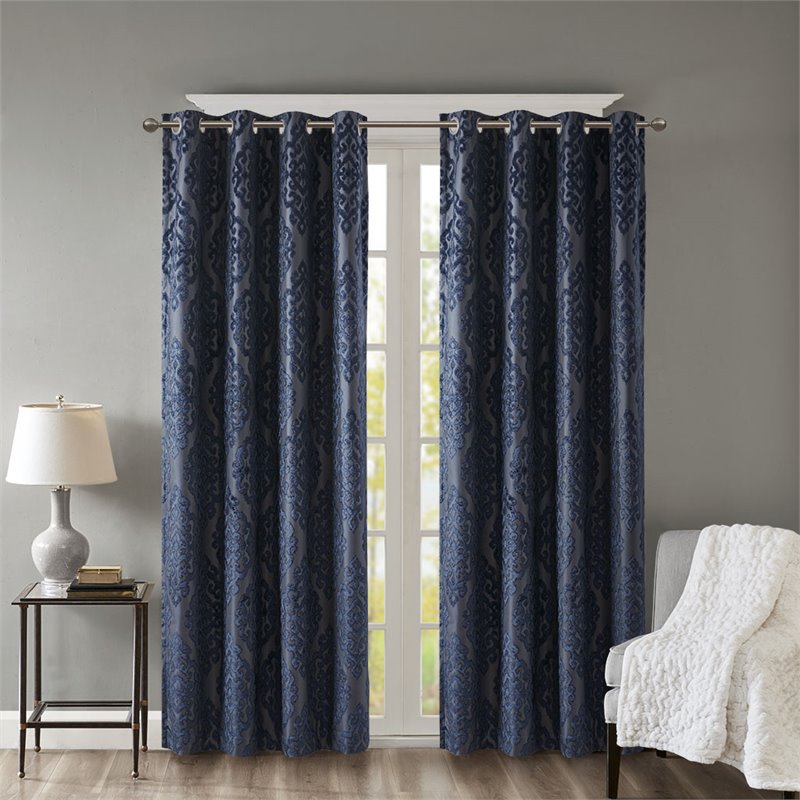 Pemberly Row Fabric Knitted Jacquard Total Blackout Window Panel in Navy