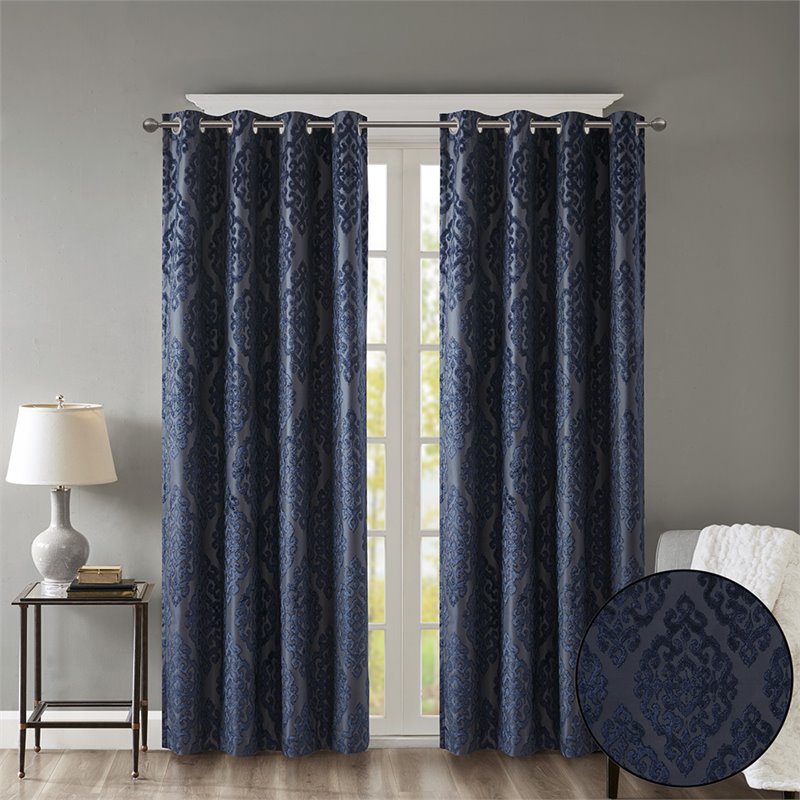 Pemberly Row Fabric Knitted Jacquard Total Blackout Window Panel in Navy