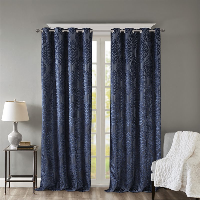 Pemberly Row Fabric Knitted Jacquard Total Blackout Window Panel in Navy